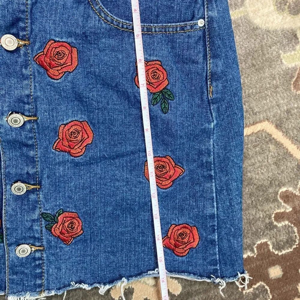 Denim Distressed Rose Embroidered Button Down Skirt - Picture 12 of 15